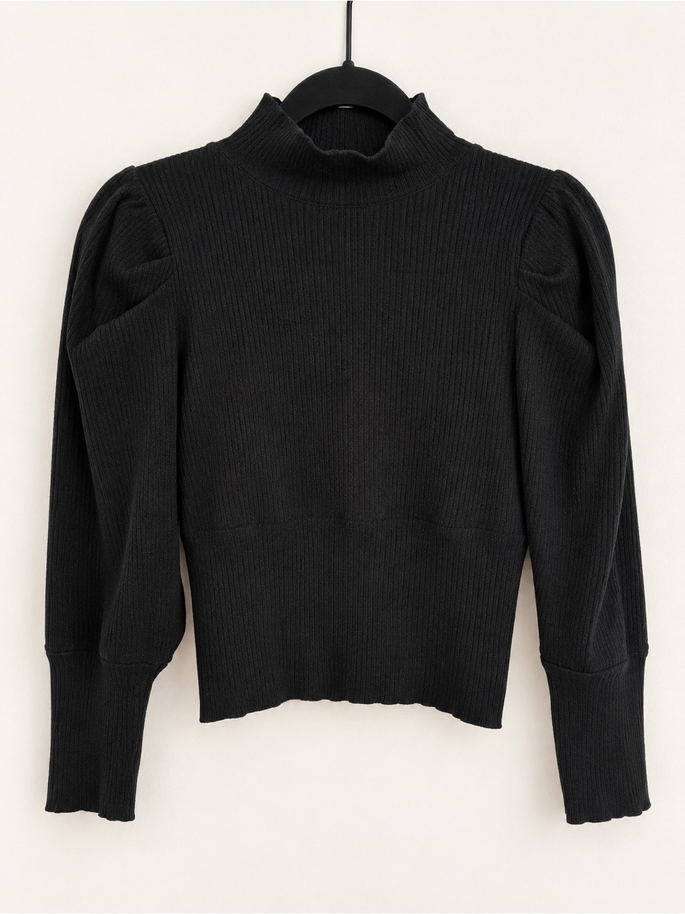 Free People Lala Top Black Ribbed Mock Neck Puff Sleeve Small